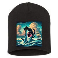 Cat Biting Shark Funny Art And Cat Lover Funny Short Acrylic Beanie
