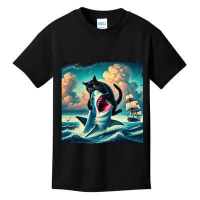Cat Biting Shark Funny Art And Cat Lover Funny Kids T-Shirt