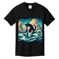 Cat Biting Shark Funny Art And Cat Lover Funny Kids T-Shirt