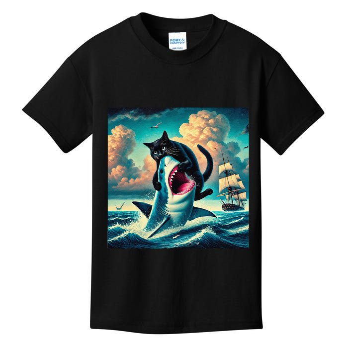 Cat Biting Shark Funny Art And Cat Lover Funny Kids T-Shirt