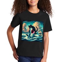 Cat Biting Shark Funny Art And Cat Lover Funny Kids T-Shirt