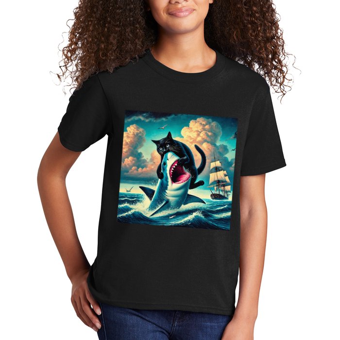 Cat Biting Shark Funny Art And Cat Lover Funny Kids T-Shirt