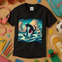 Cat Biting Shark Funny Art And Cat Lover Funny Kids T-Shirt