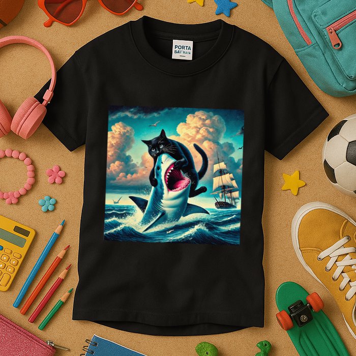 Cat Biting Shark Funny Art And Cat Lover Funny Kids T-Shirt