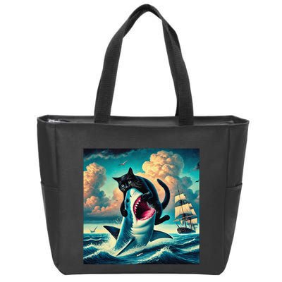 Cat Biting Shark Funny Art And Cat Lover Funny Zip Tote Bag
