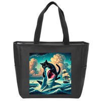 Cat Biting Shark Funny Art And Cat Lover Funny Zip Tote Bag