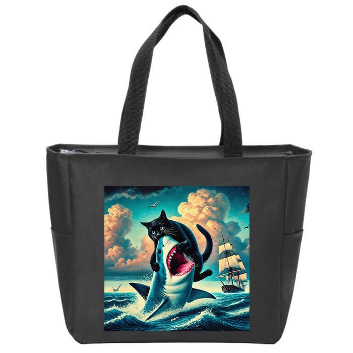 Cat Biting Shark Funny Art And Cat Lover Funny Zip Tote Bag