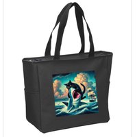 Cat Biting Shark Funny Art And Cat Lover Funny Zip Tote Bag