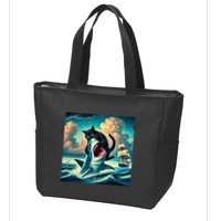 Cat Biting Shark Funny Art And Cat Lover Funny Zip Tote Bag