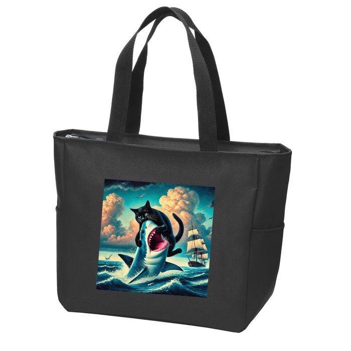 Cat Biting Shark Funny Art And Cat Lover Funny Zip Tote Bag
