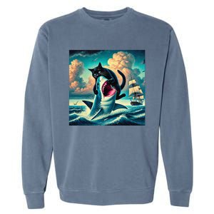 Cat Biting Shark Funny Art And Cat Lover Funny Garment-Dyed Sweatshirt