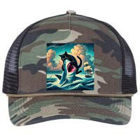 Cat Biting Shark Funny Art And Cat Lover Funny Retro Rope Trucker Hat Cap