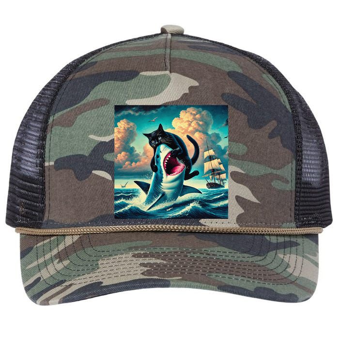 Cat Biting Shark Funny Art And Cat Lover Funny Retro Rope Trucker Hat Cap