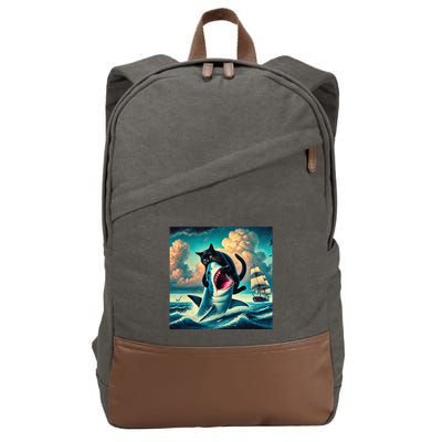 Cat Biting Shark Funny Art And Cat Lover Funny Cotton Canvas Backpack