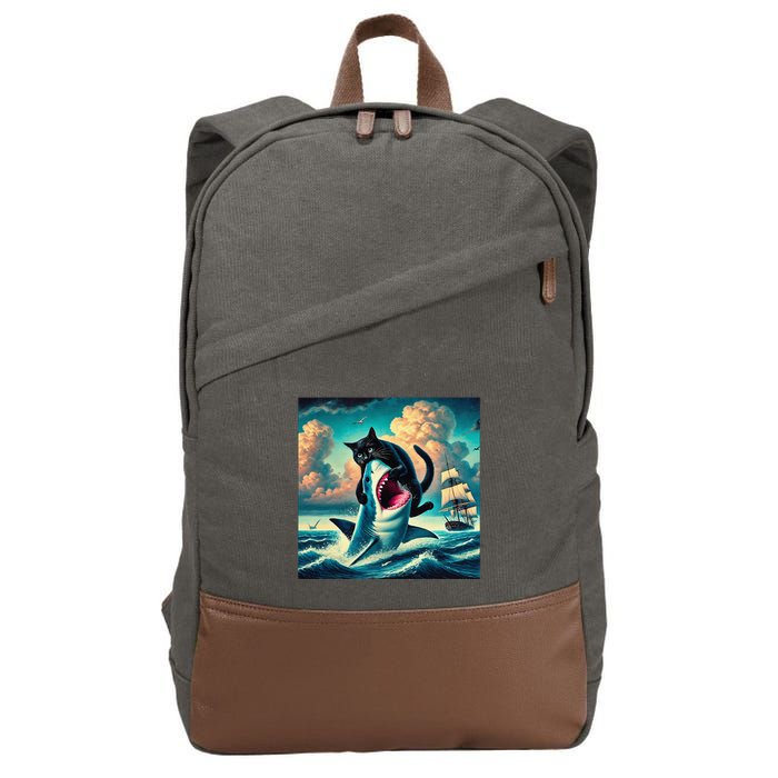 Cat Biting Shark Funny Art And Cat Lover Funny Cotton Canvas Backpack