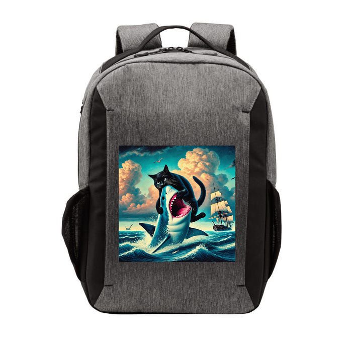 Cat Biting Shark Funny Art And Cat Lover Funny Vector Backpack