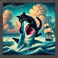 Cat Biting Shark Funny Art And Cat Lover Funny Vector Backpack