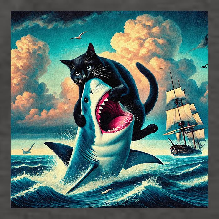 Cat Biting Shark Funny Art And Cat Lover Funny Vector Backpack
