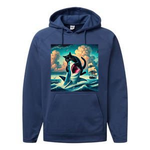 Cat Biting Shark Funny Art And Cat Lover Funny Performance Fleece Hoodie