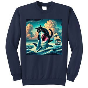 Cat Biting Shark Funny Art And Cat Lover Funny Sweatshirt