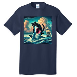 Cat Biting Shark Funny Art And Cat Lover Funny Tall T-Shirt