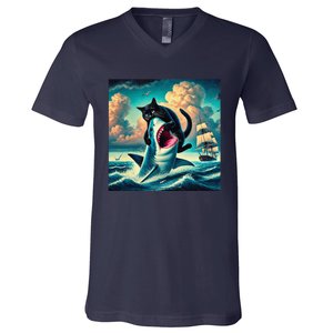 Cat Biting Shark Funny Art And Cat Lover Funny V-Neck T-Shirt