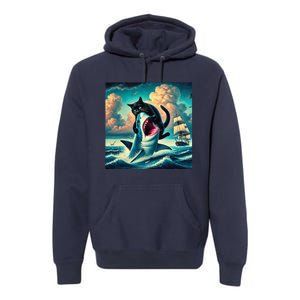 Cat Biting Shark Funny Art And Cat Lover Funny Premium Hoodie