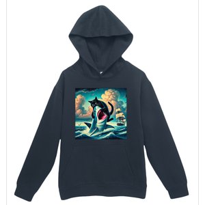 Cat Biting Shark Funny Art And Cat Lover Funny Urban Pullover Hoodie