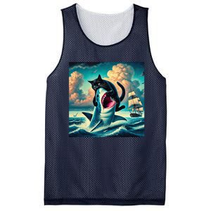 Cat Biting Shark Funny Art And Cat Lover Funny Mesh Reversible Basketball Jersey Tank