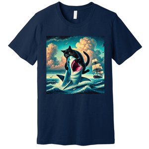 Cat Biting Shark Funny Art And Cat Lover Funny Premium T-Shirt