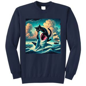 Cat Biting Shark Funny Art And Cat Lover Funny Tall Sweatshirt