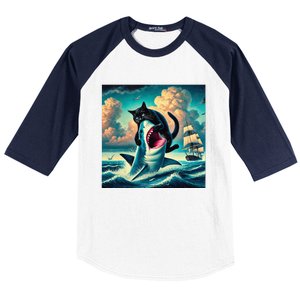 Cat Biting Shark Funny Art And Cat Lover Funny Baseball Sleeve Shirt