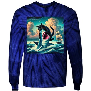 Cat Biting Shark Funny Art And Cat Lover Funny Tie-Dye Long Sleeve Shirt