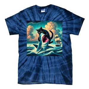 Cat Biting Shark Funny Art And Cat Lover Funny Tie-Dye T-Shirt