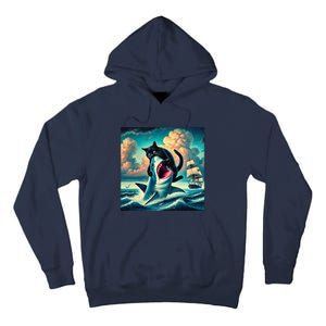 Cat Biting Shark Funny Art And Cat Lover Funny Tall Hoodie