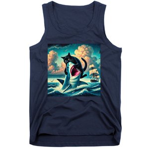 Cat Biting Shark Funny Art And Cat Lover Funny Tank Top