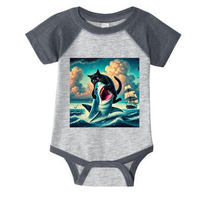 Cat Biting Shark Funny Art And Cat Lover Funny Infant Baby Jersey Bodysuit