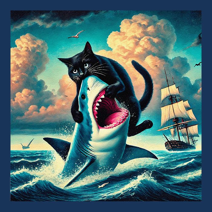 Cat Biting Shark Funny Art And Cat Lover Funny Infant Baby Jersey Bodysuit