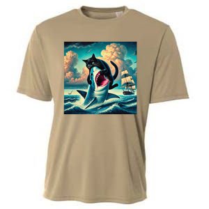 Cat Biting Shark Funny Art And Cat Lover Funny Cooling Performance Crew T-Shirt