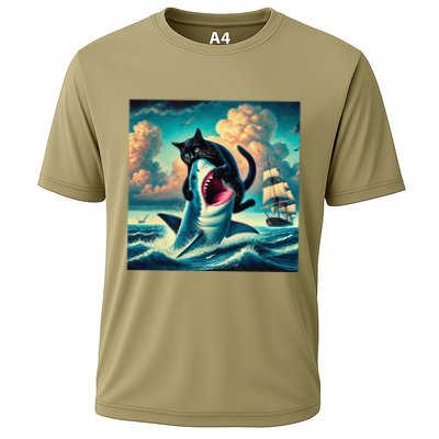 Cat Biting Shark Funny Art And Cat Lover Funny Cooling Performance Crew T-Shirt