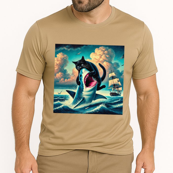 Cat Biting Shark Funny Art And Cat Lover Funny Performance Shirt