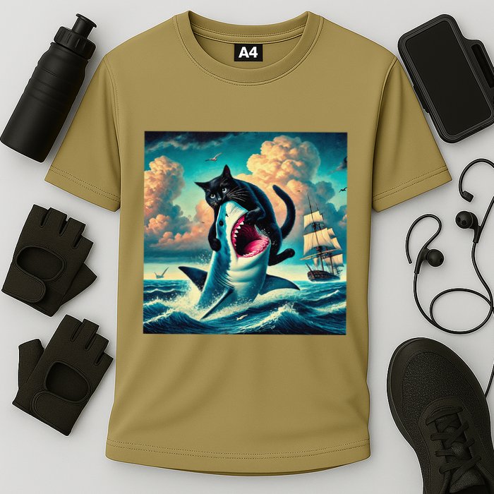 Cat Biting Shark Funny Art And Cat Lover Funny Performance Shirt