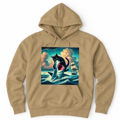 Cat Biting Shark Funny Art And Cat Lover Funny Hoodie
