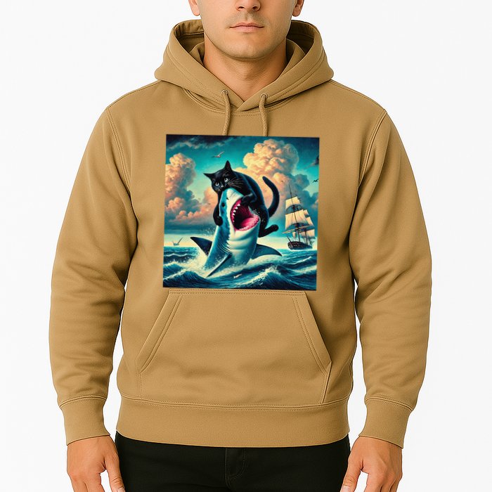 Cat Biting Shark Funny Art And Cat Lover Funny Hoodie