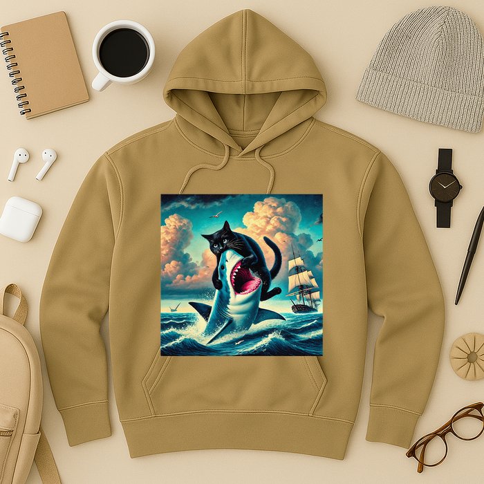 Cat Biting Shark Funny Art And Cat Lover Funny Hoodie
