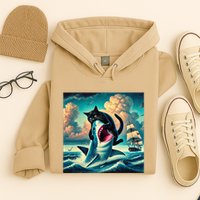 Cat Biting Shark Funny Art And Cat Lover Funny Hoodie