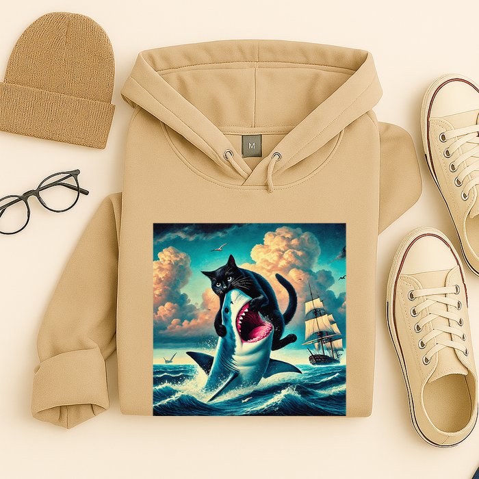 Cat Biting Shark Funny Art And Cat Lover Funny Hoodie