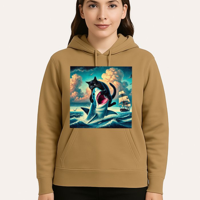 Cat Biting Shark Funny Art And Cat Lover Funny Hoodie