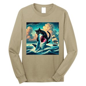 Cat Biting Shark Funny Art And Cat Lover Funny Long Sleeve Shirt