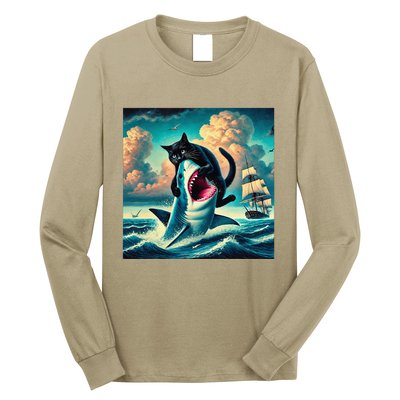 Cat Biting Shark Funny Art And Cat Lover Funny Long Sleeve Shirt